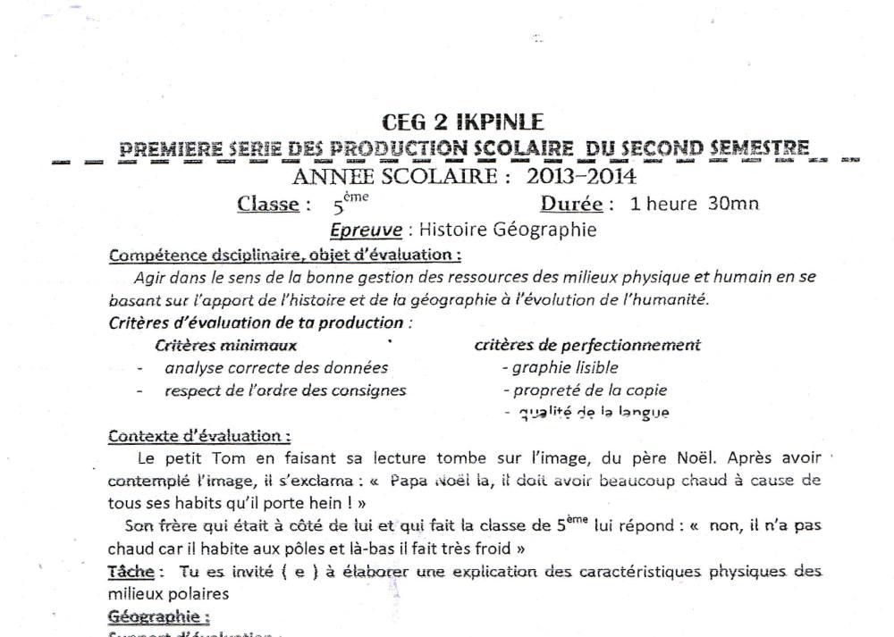 Aperçu de la première page — Histoire Géographie 5e Devoir 1 Semestre 2 CEG2 Ikpinlè 2013 2014