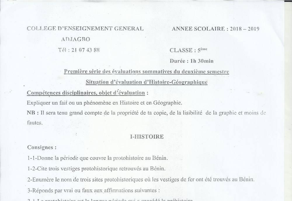 Aperçu de la première page — Histoire Géographie 5e Devoir 1 Semestre 2 CEG Adjagbo 2018 2019