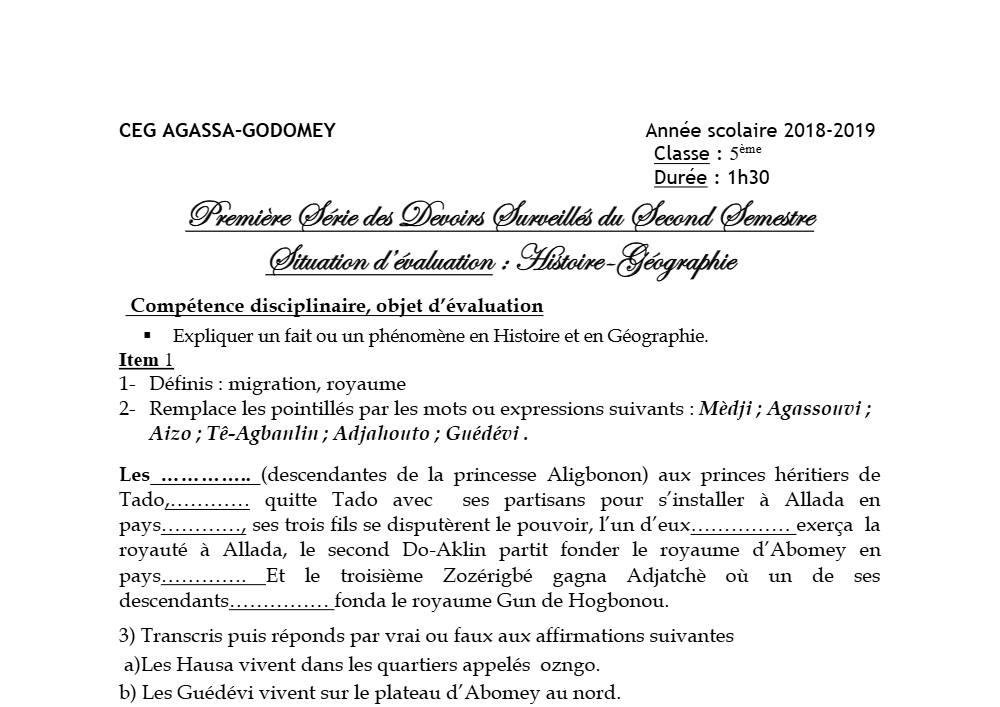 Aperçu de la première page — Histoire Géographie 5e Devoir 1 Semestre 2 CEG Agassa Godomey 2018 2019