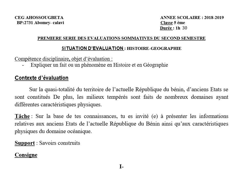 Aperçu de la première page — Histoire Géographie 5e Devoir 1 Semestre 2 CEG Ahossougbéta 2018 2019
