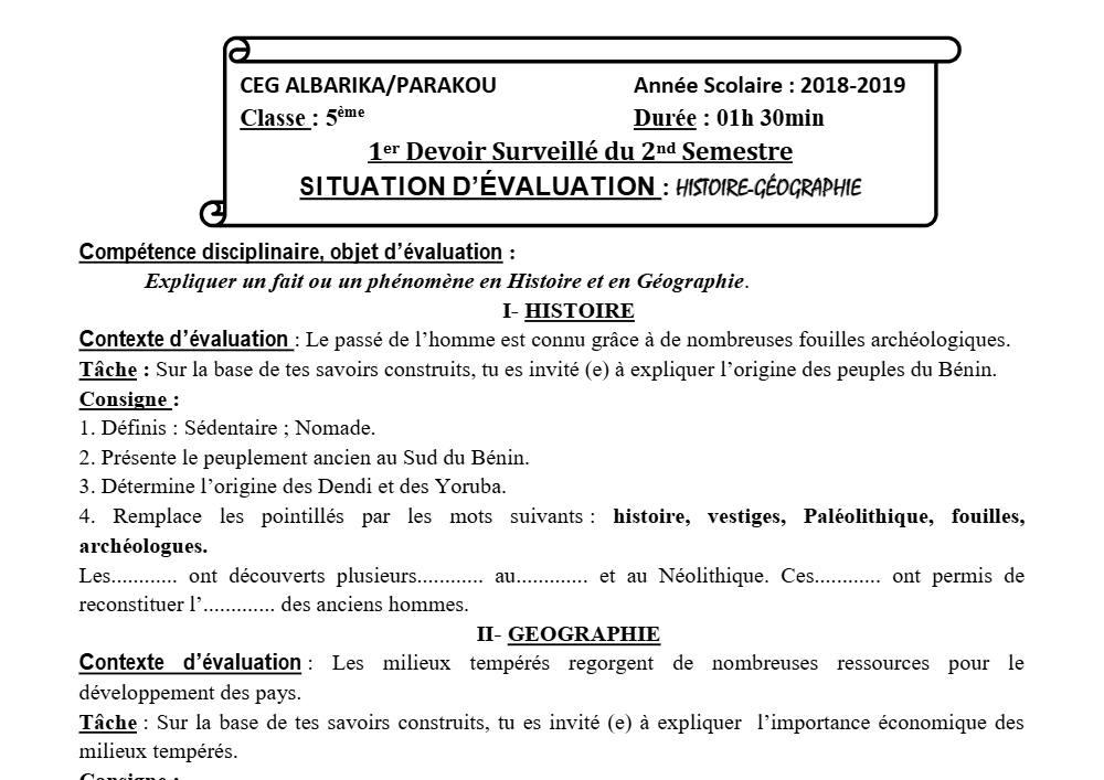 Aperçu de la première page — Histoire Géographie 5e Devoir 1 Semestre 2 CEG Albarika 2018 2019
