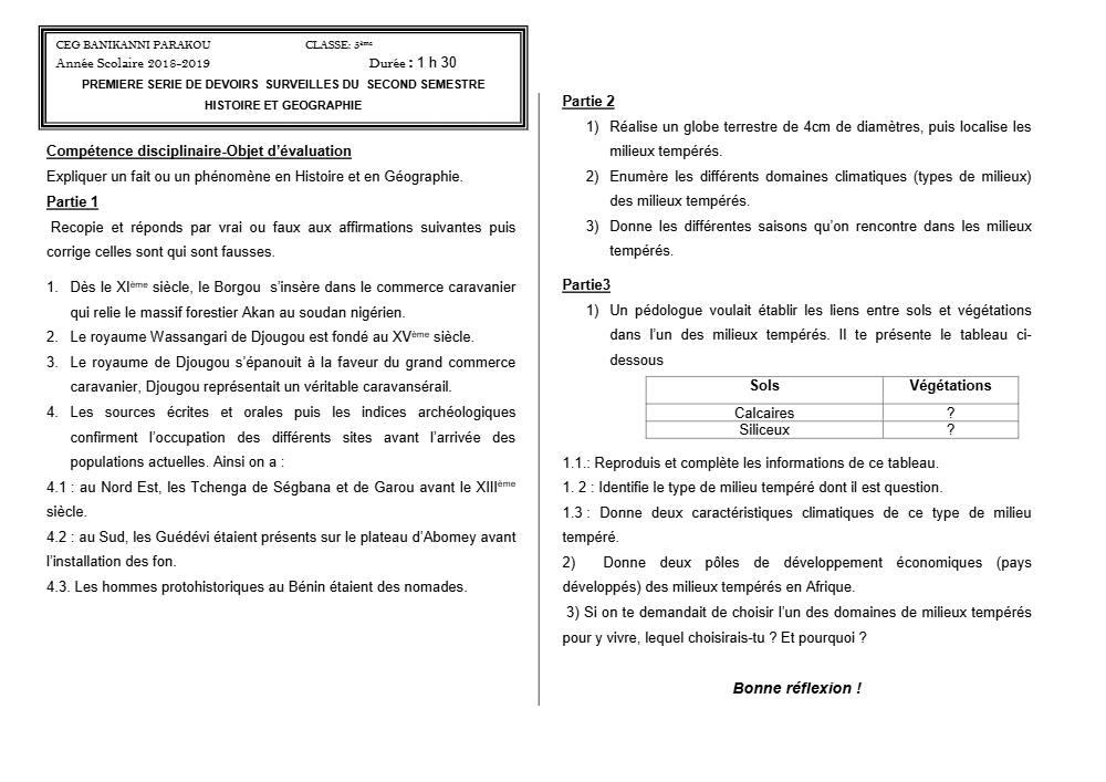 Aperçu de la première page — Histoire Géographie 5e Devoir 1 Semestre 2 CEG Banikanni 2018 2019