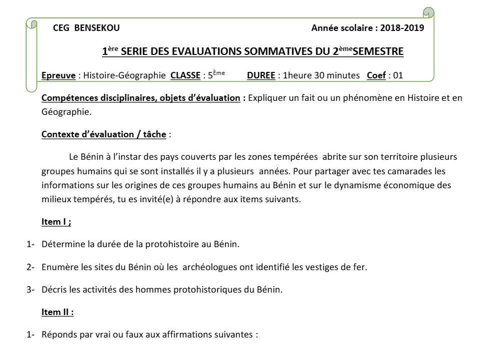 Aperçu de la première page — Histoire Géographie 5e Devoir 1 Semestre 2 CEG Bensekou 2018 2019