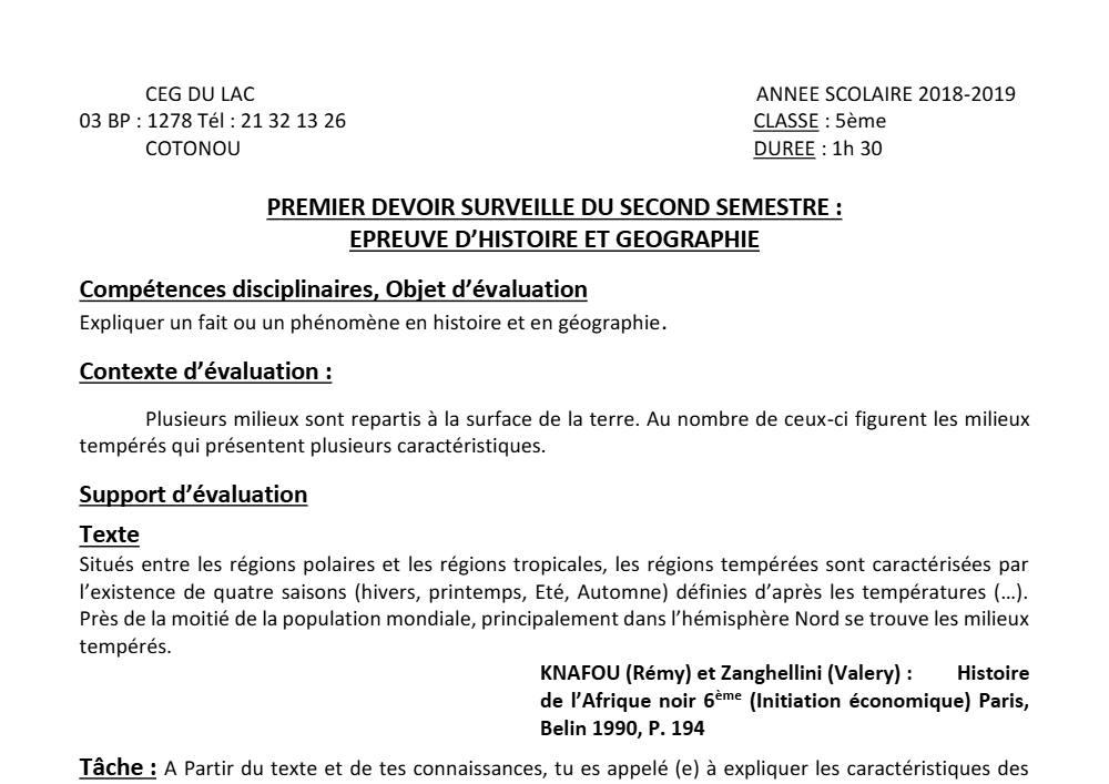 Aperçu de la première page — Histoire Géographie 5e Devoir 1 Semestre 2 CEG du Lac 2018 2019