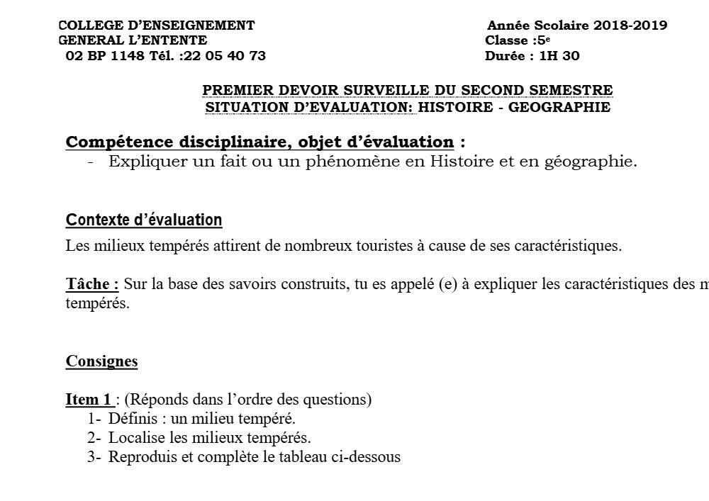 Aperçu de la première page — Histoire Géographie 5e Devoir 1 Semestre 2 CEG Entente 2018 2019