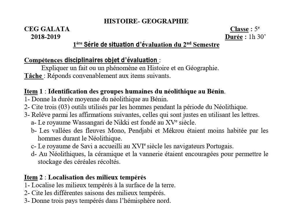 Aperçu de la première page — Histoire Géographie 5e Devoir 1 Semestre 2 CEG Galata 2018 2019