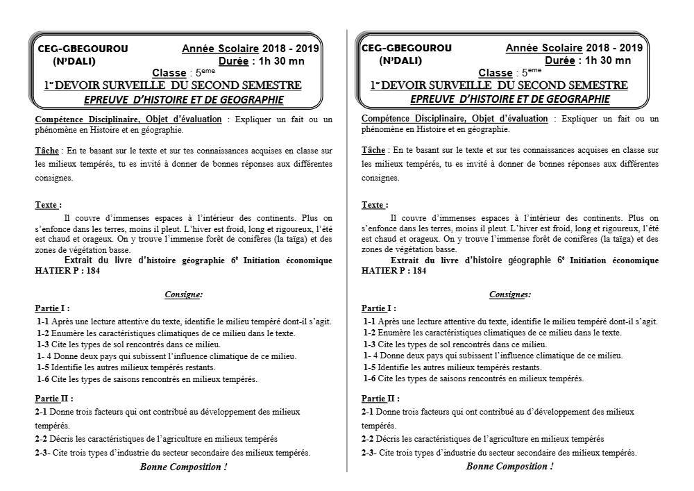 Aperçu de la première page — Histoire Géographie 5e Devoir 1 Semestre 2 CEG Gbegourou 2018 2019