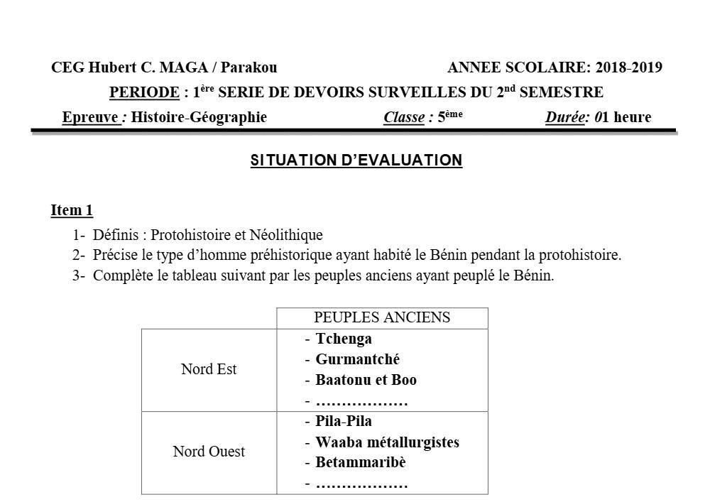 Aperçu de la première page — Histoire Géographie 5e Devoir 1 Semestre 2 CEG Hubert C Maga 2018 2019