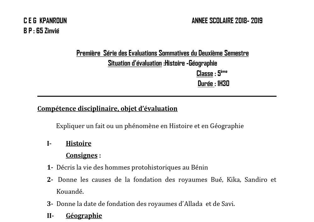 Aperçu de la première page — Histoire Géographie 5e Devoir 1 Semestre 2 CEG Kpanroun 2018 2019