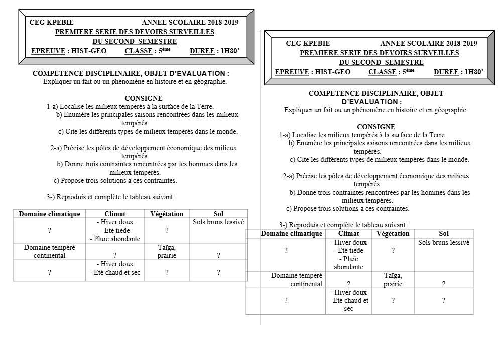 Aperçu de la première page — Histoire Géographie 5e Devoir 1 Semestre 2 CEG Kpebie 2018 2019