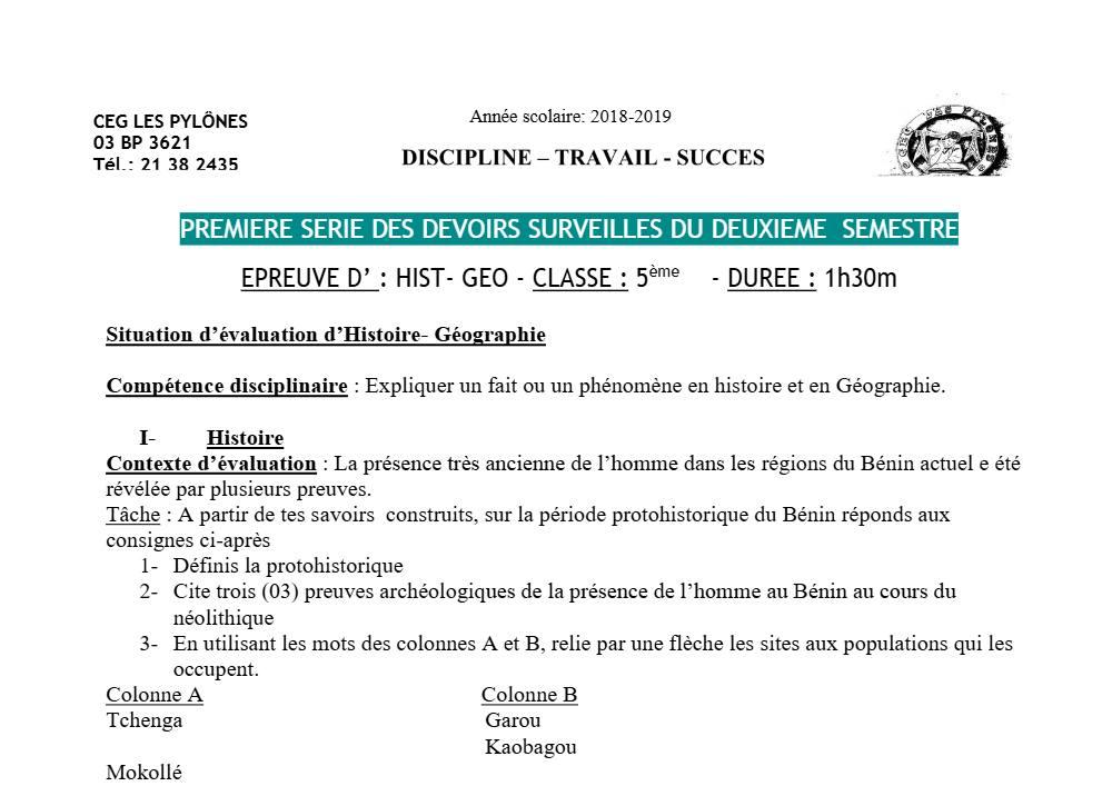 Aperçu de la première page — Histoire Géographie 5e Devoir 1 Semestre 2 CEG Les Pylônes 2018 2019