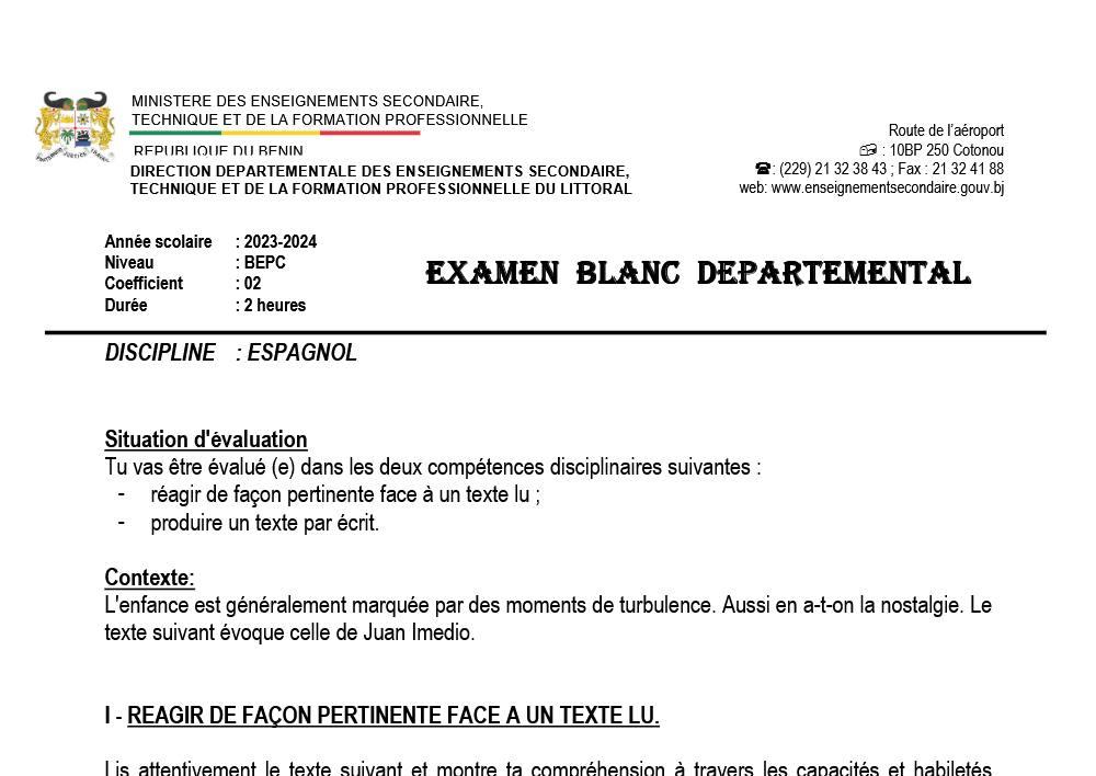 Aperçu de la première page — BEPC BLANC LITTORAL - ESPAGNOL