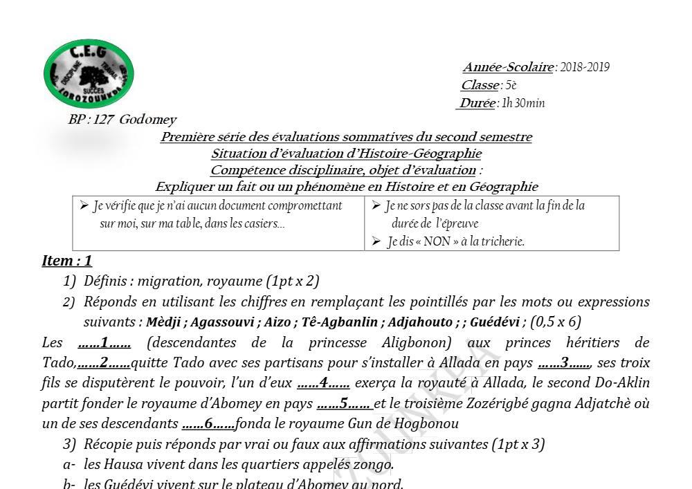 Aperçu de la première page — Histoire Géographie 5e Devoir 1 Semestre 2 CEG Lobozounkpa 2018 2019