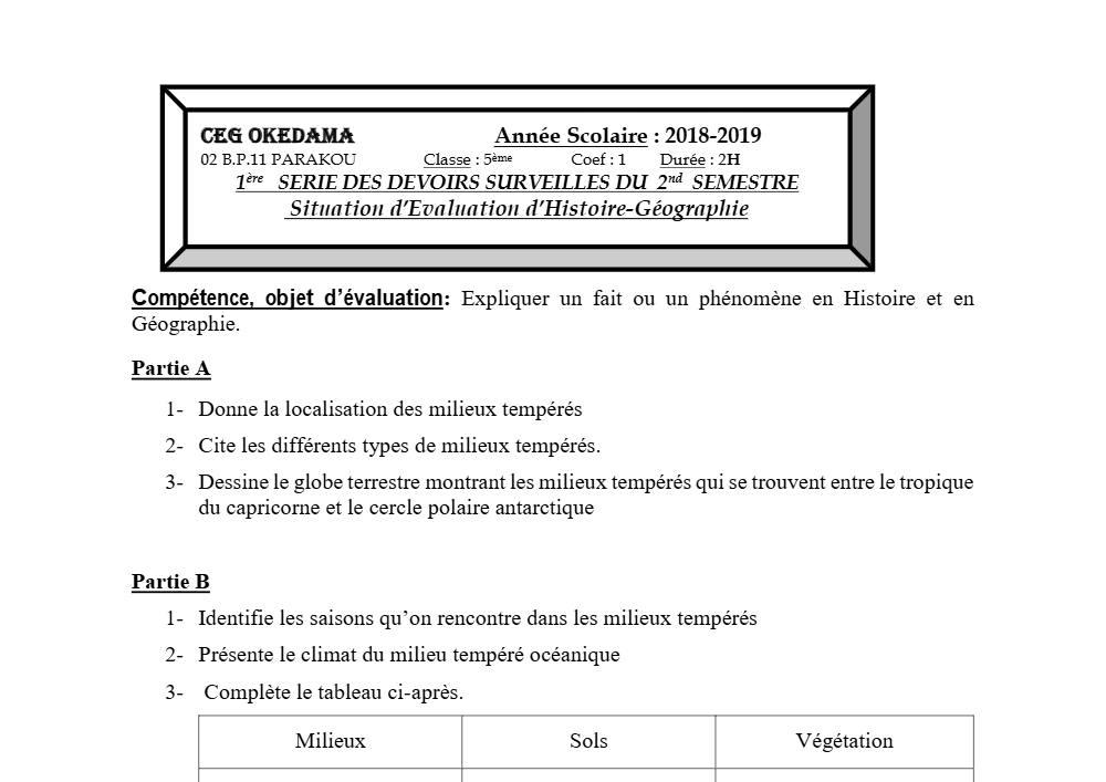 Aperçu de la première page — Histoire Géographie 5e Devoir 1 Semestre 2 CEG Okedama 2018 2019