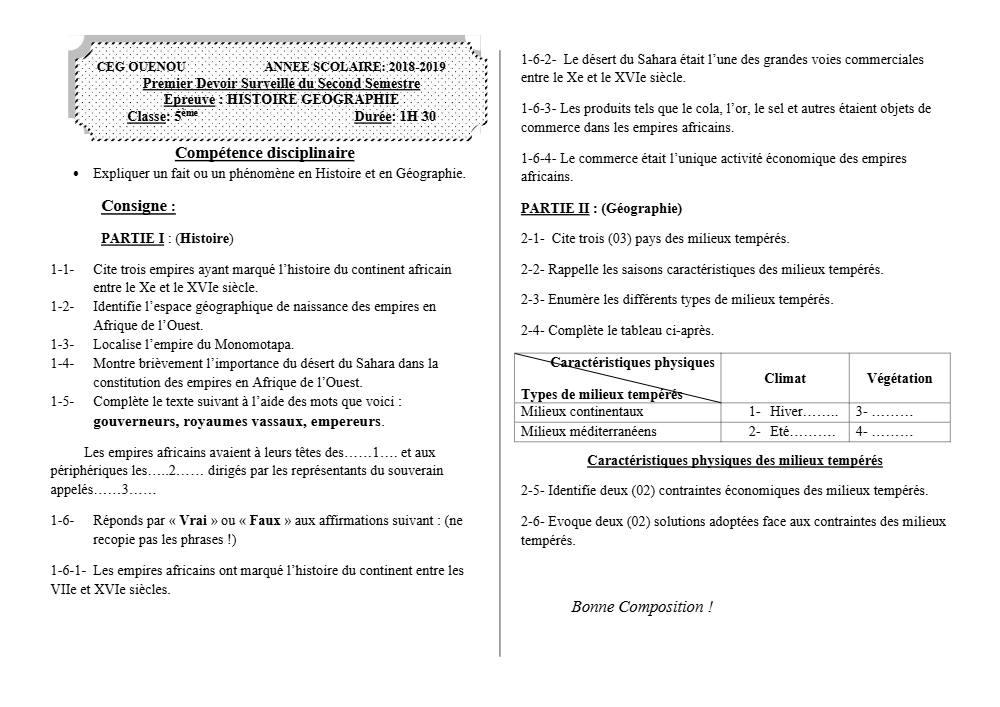 Aperçu de la première page — Histoire Géographie 5e Devoir 1 Semestre 2 CEG Ouenou 2018 2019