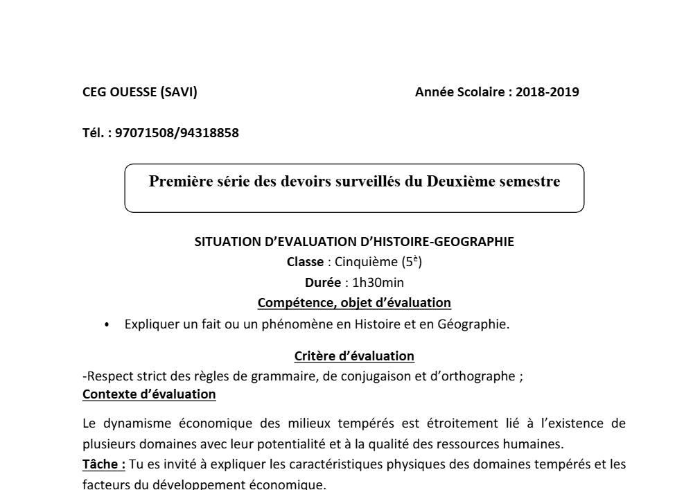 Aperçu de la première page — Histoire Géographie 5e Devoir 1 Semestre 2 CEG Ouesse 2018 2019