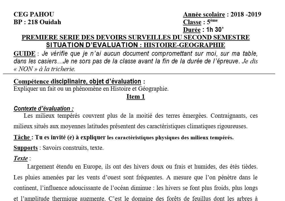 Aperçu de la première page — Histoire Géographie 5e Devoir 1 Semestre 2 CEG Pahou 2018 2019