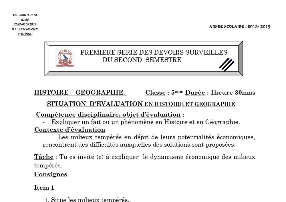Aperçu de la première page — Histoire Géographie 5e Devoir 1 Semestre 2 CEG Sainte Rita 2018 2019