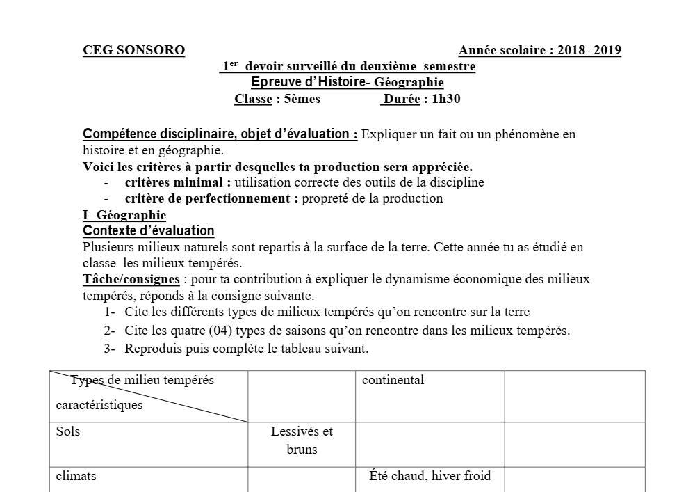 Aperçu de la première page — Histoire Géographie 5e Devoir 1 Semestre 2 CEG Sonsoro 2018 2019