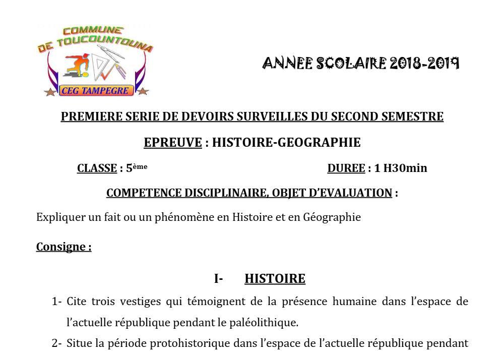 Aperçu de la première page — Histoire Géographie 5e Devoir 1 Semestre 2 CEG Tampegre 2018 2019