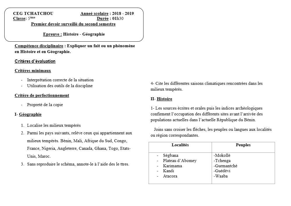 Aperçu de la première page — Histoire Géographie 5e Devoir 1 Semestre 2 CEG Tchatchou 2018 2019