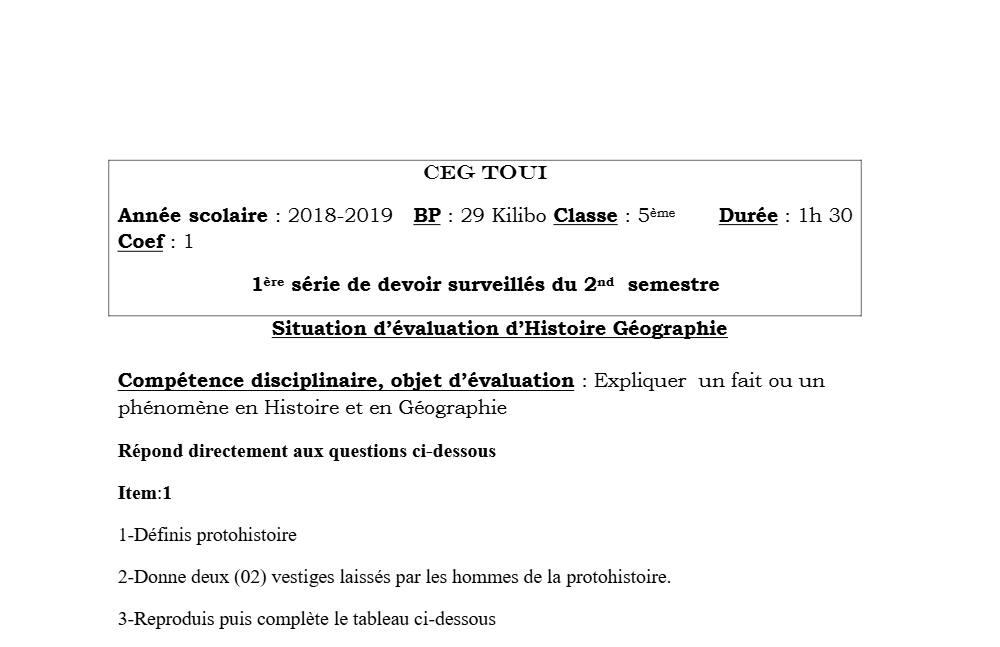 Aperçu de la première page — Histoire Géographie 5e Devoir 1 Semestre 2 CEG Toui 2018 2019