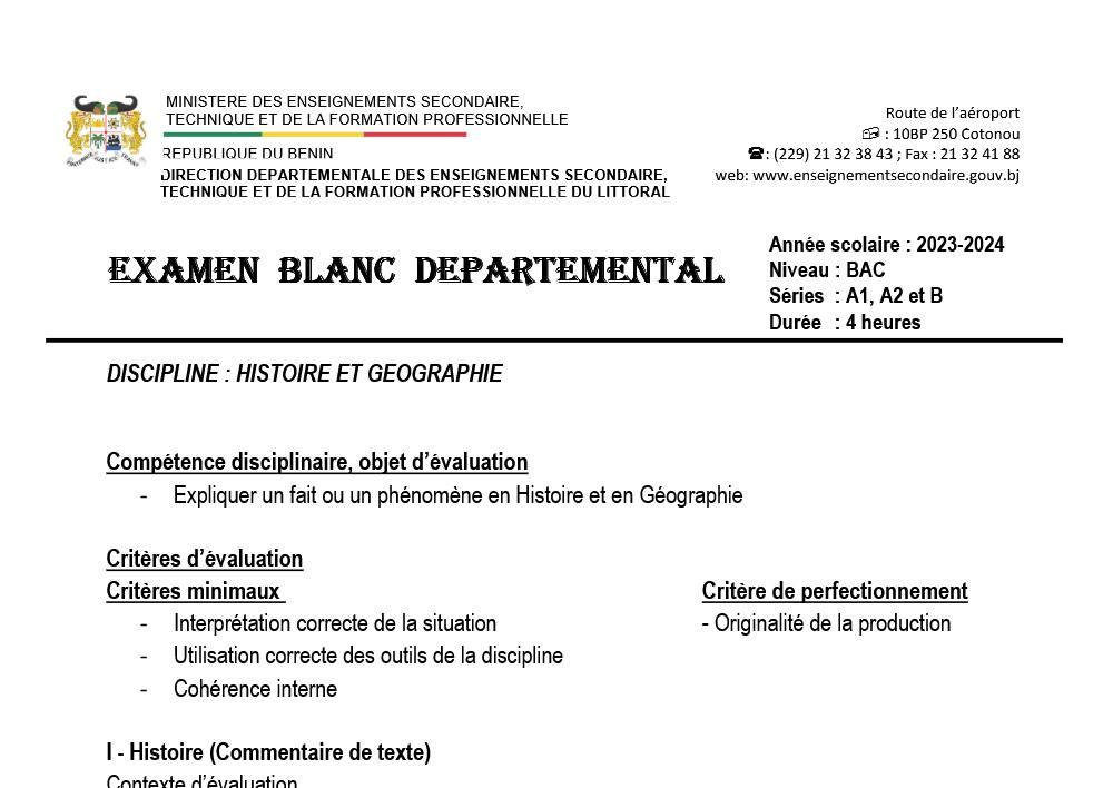 Aperçu de la première page — BAC BLANC LITTORAL - Hist-Geo A & B