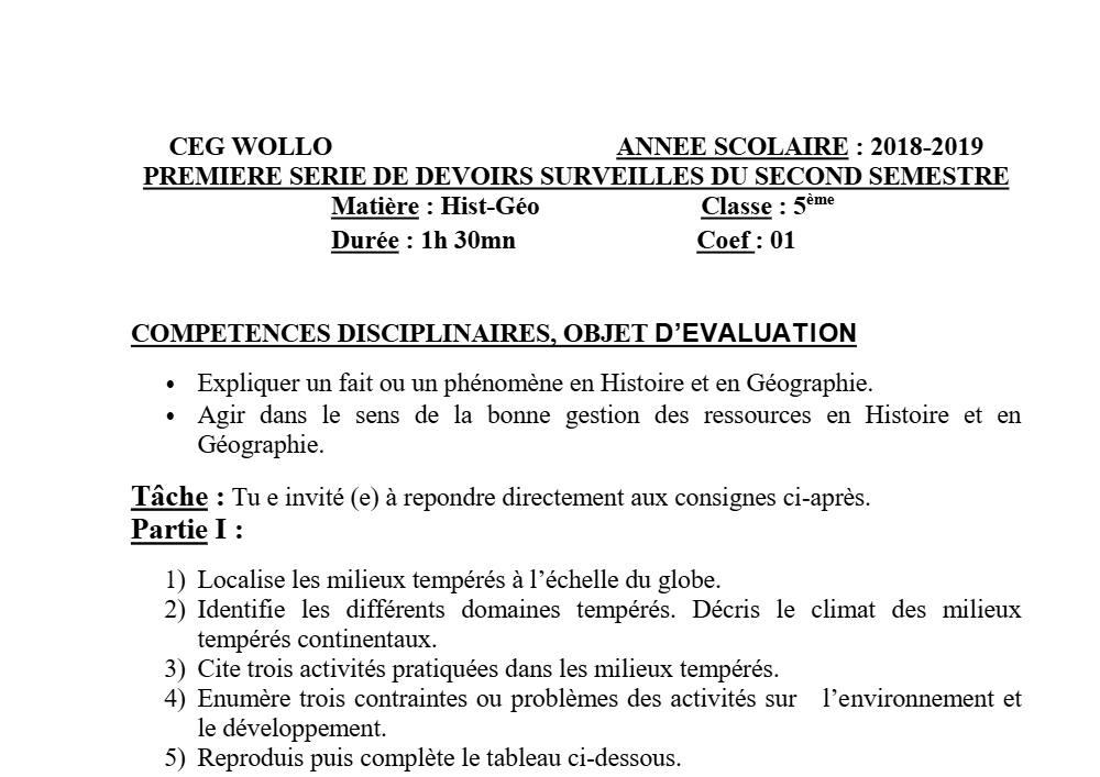 Aperçu de la première page — Histoire Géographie 5e Devoir 1 Semestre 2 CEG Wollo 2018 2019