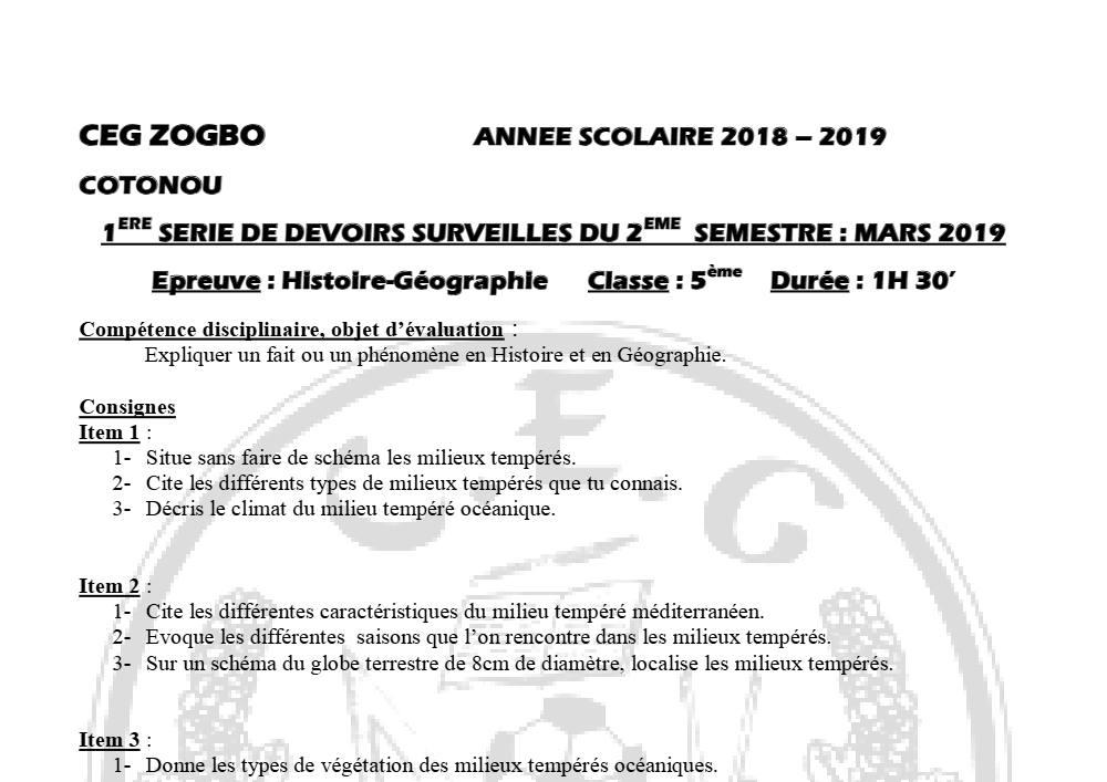Aperçu de la première page — Histoire Géographie 5e Devoir 1 Semestre 2 CEG Zogbo 2018 2019
