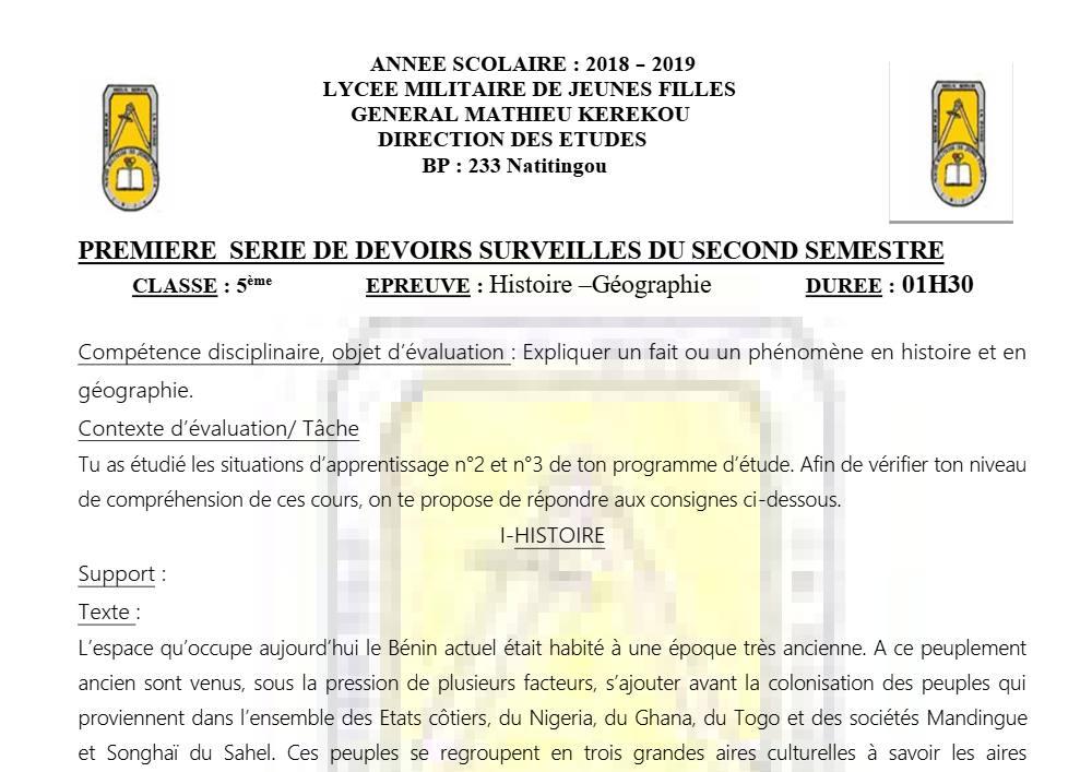 Aperçu de la première page — Histoire Géographie 5e Devoir 1 Semestre 2 Lmjf de Natitingou 2018 2019