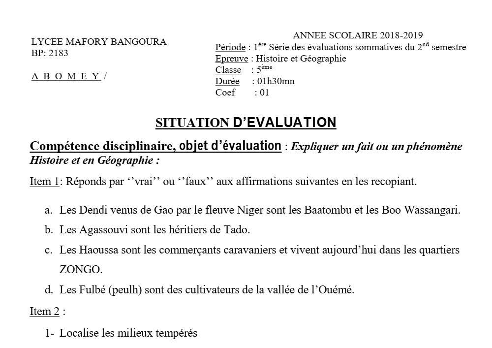 Aperçu de la première page — Histoire Géographie 5e Devoir 1 Semestre 2 Lycée Mafory Bangoura 2018 2019