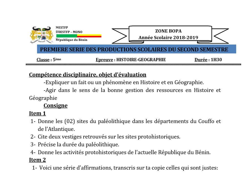 Aperçu de la première page — Histoire Géographie 5e Devoir 1 Semestre 2 Zone Bopa 2018 2019
