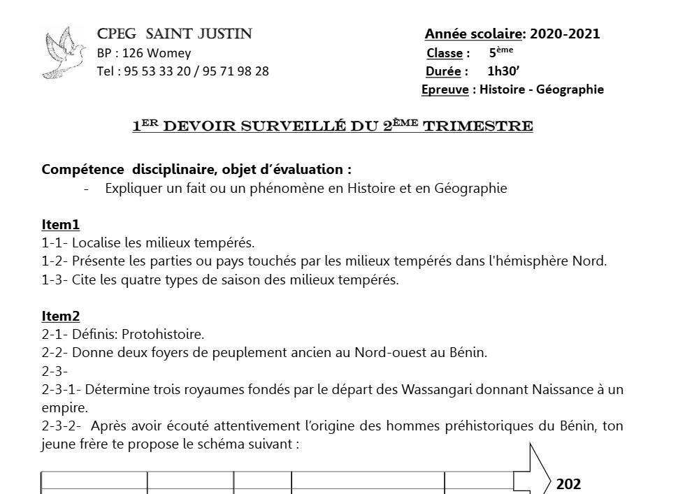Aperçu de la première page — Histoire Géographie 5e Devoir 1 Trimestre 2 CPEG Saint Justin 2021