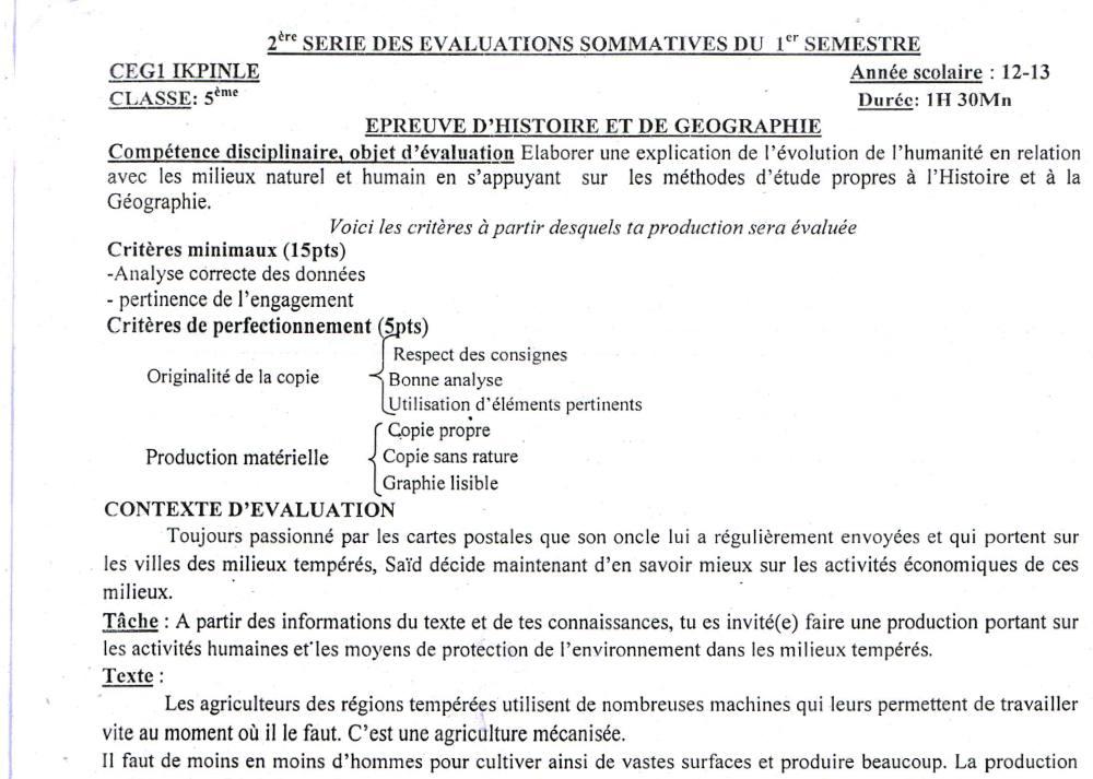 Aperçu de la première page — Histoire Géographie 5e Devoir 2 Semestre 1 CEG1 Ikpinlè 2012 2013