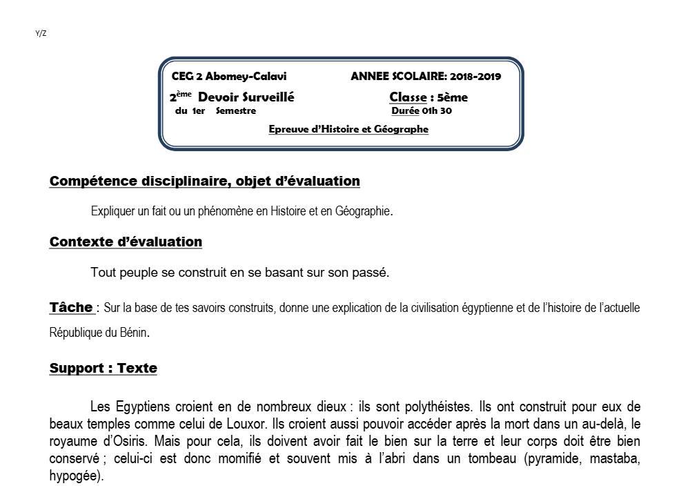 Aperçu de la première page — Histoire Géographie 5e Devoir 2 Semestre 1 CEG2 Abomey Calavi 2018 2019