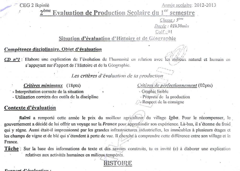 Aperçu de la première page — Histoire Géographie 5e Devoir 2 Semestre 1 CEG2 Ikpinlè 2012 2013