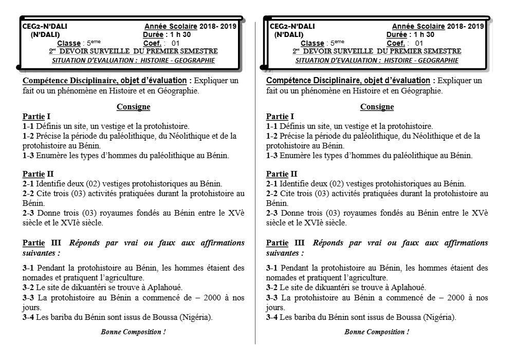 Aperçu de la première page — Histoire Géographie 5e Devoir 2 Semestre 1 CEG2 N'Dali 2018 2019