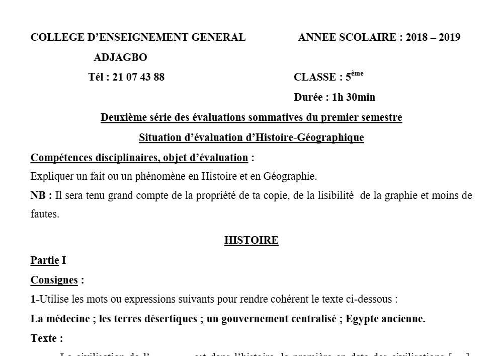 Aperçu de la première page — Histoire Géographie 5e Devoir 2 Semestre 1 CEG Adjagbo 2018 2019