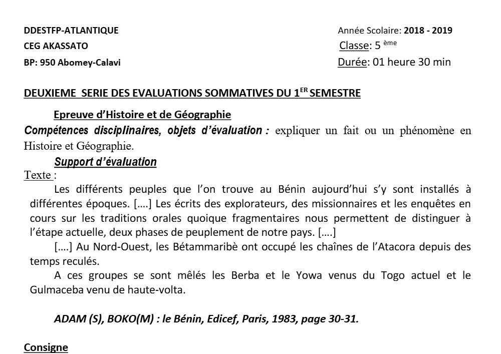 Aperçu de la première page — Histoire Géographie 5e Devoir 2 Semestre 1 CEG Akassato 2018 2019