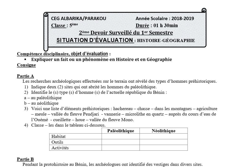 Aperçu de la première page — Histoire Géographie 5e Devoir 2 Semestre 1 CEG Albarika 2018 2019