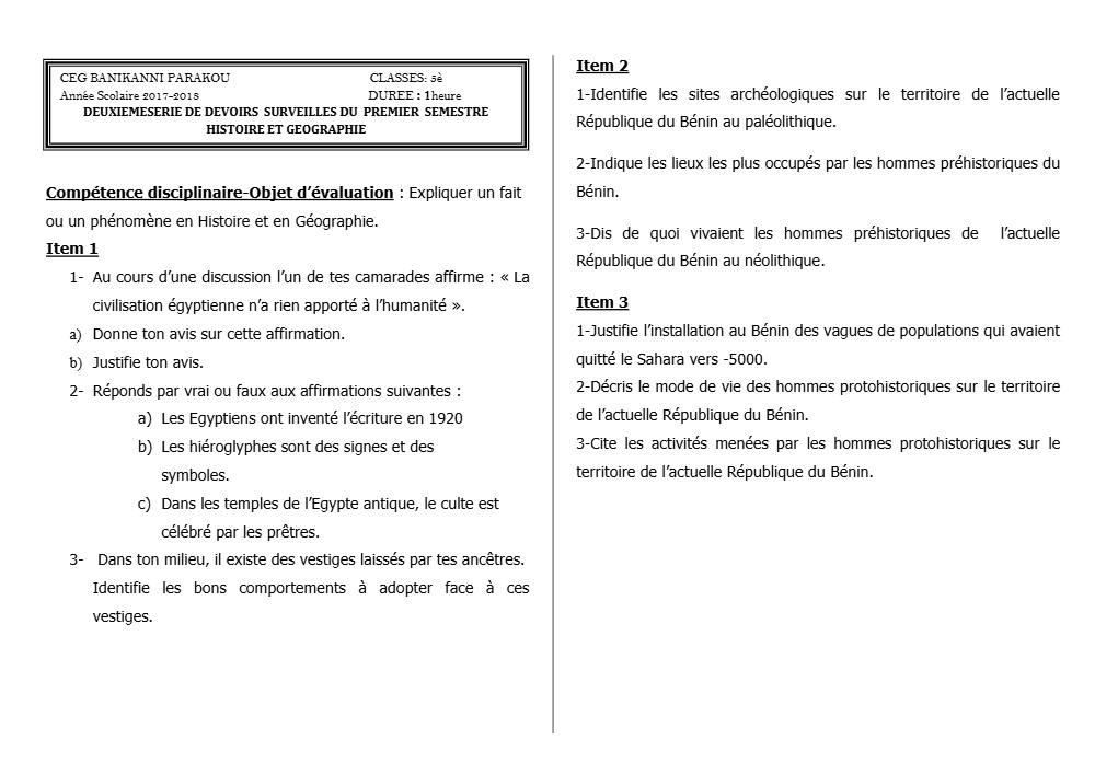 Aperçu de la première page — Histoire Géographie 5e Devoir 2 Semestre 1 CEG Banikanni 2018 2019