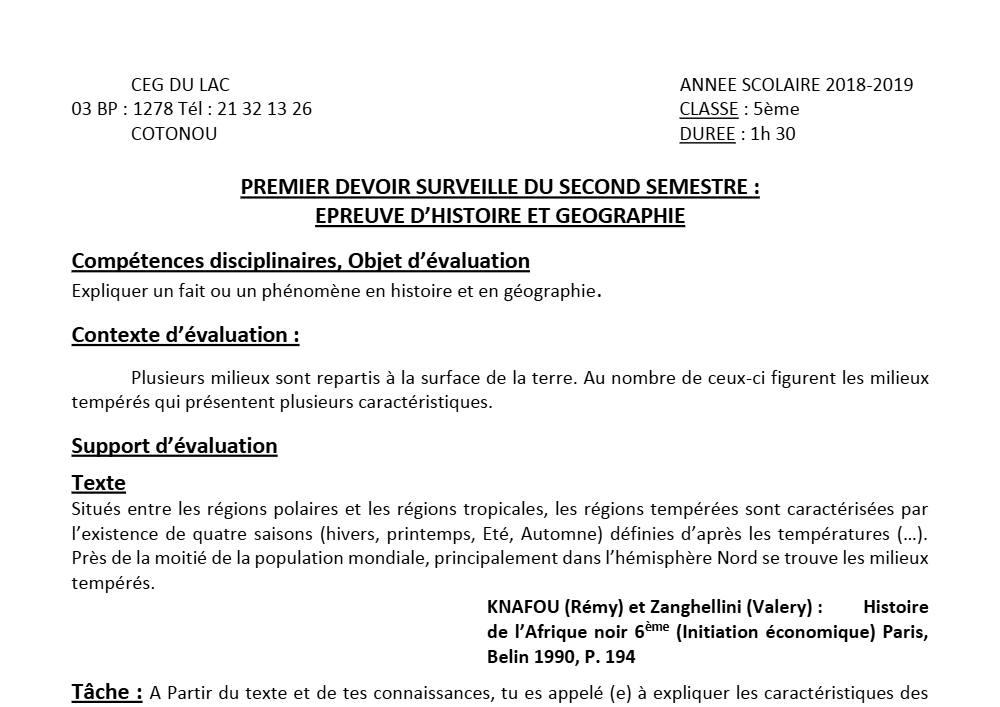 Aperçu de la première page — Histoire Géographie 5e Devoir 2 Semestre 1 CEG du Lac 2018 2019