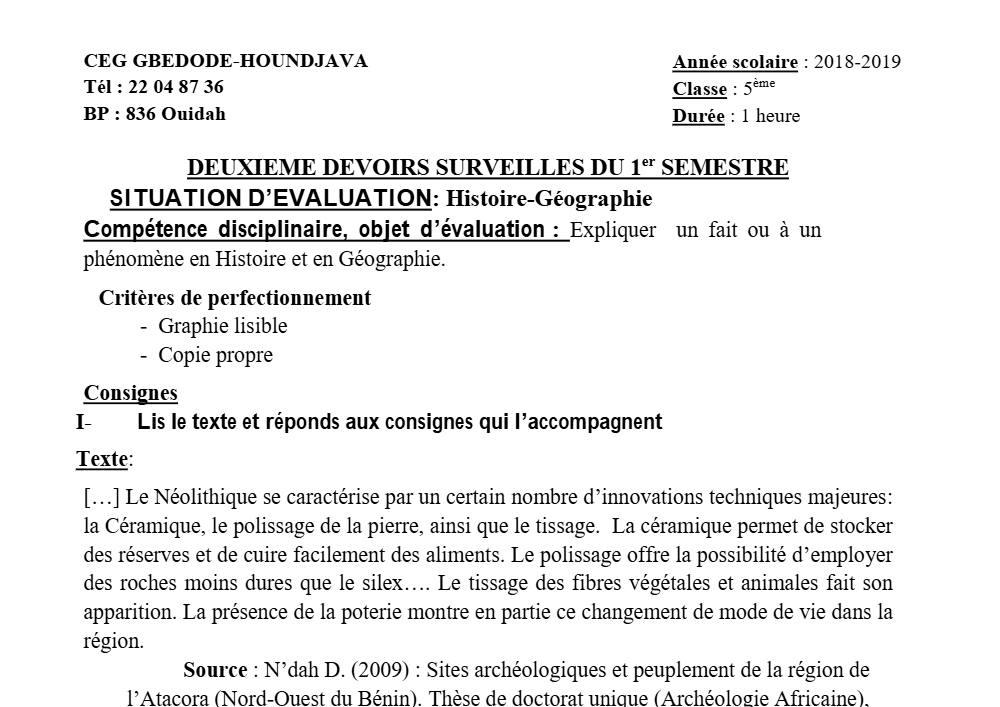 Aperçu de la première page — Histoire Géographie 5e Devoir 2 Semestre 1 CEG Gbedode Houndjava 2018 2019