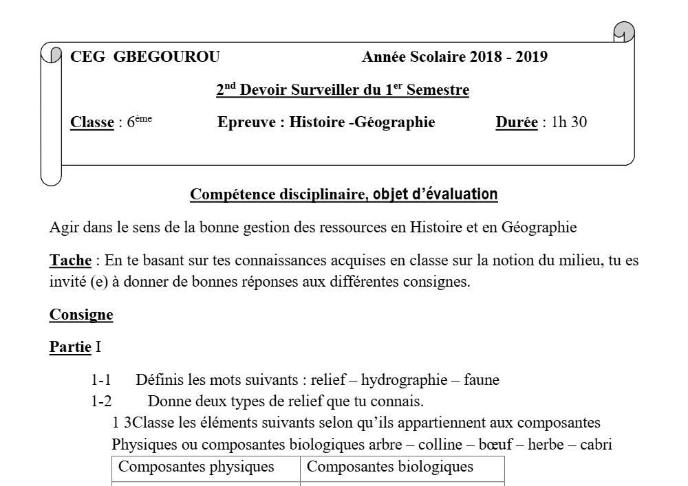 Aperçu de la première page — Histoire Géographie 5e Devoir 2 Semestre 1 CEG Gbegourou 2018 2019