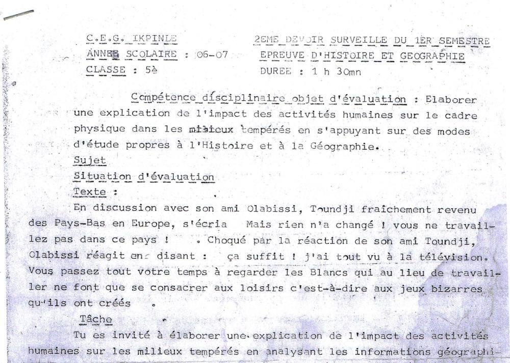 Aperçu de la première page — Histoire Géographie 5e Devoir 2 Semestre 1 CEG Ikpinlè 2006 2007