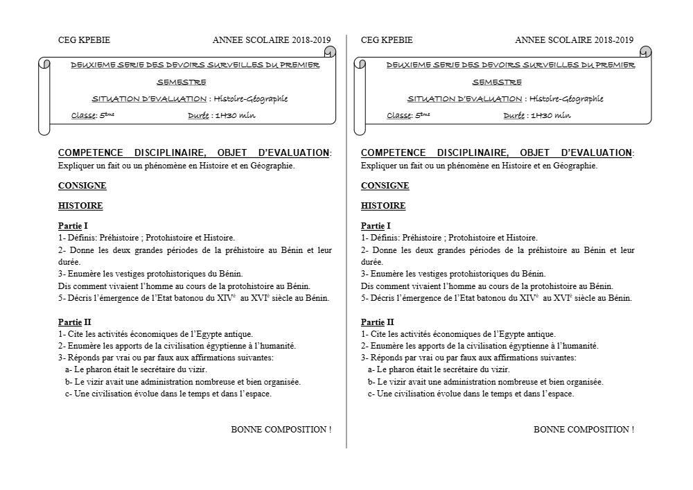 Aperçu de la première page — Histoire Géographie 5e Devoir 2 Semestre 1 CEG Kpebie 2018 2019