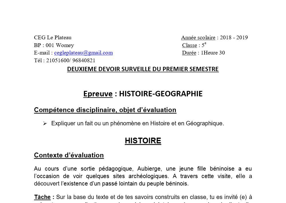 Aperçu de la première page — Histoire Géographie 5e Devoir 2 Semestre 1 CEG Le Plateau 2018 2019