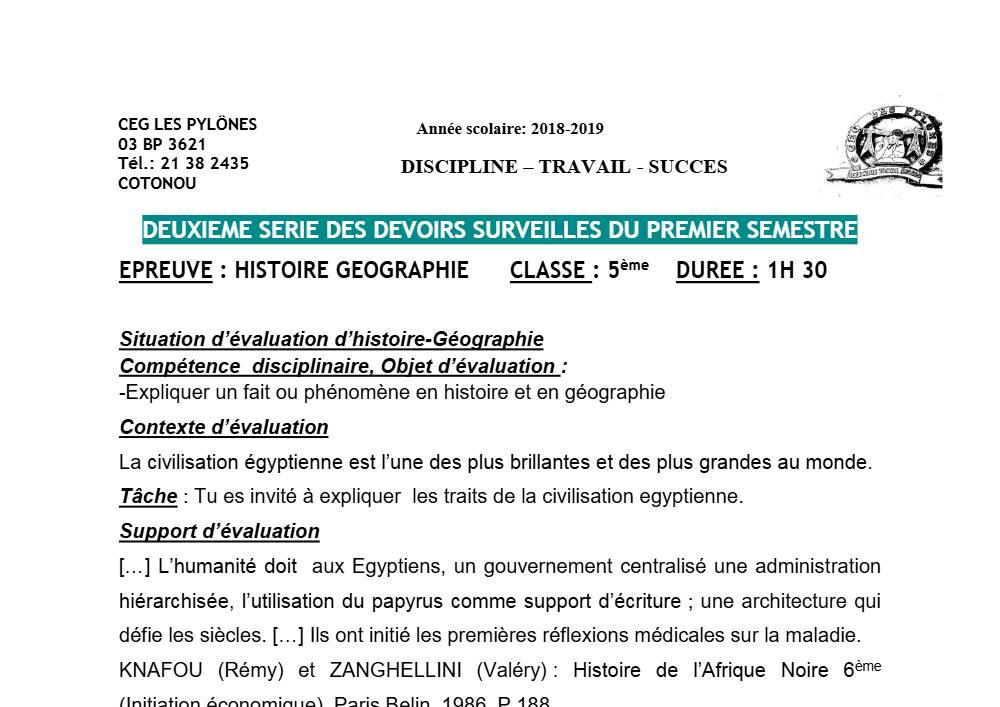 Aperçu de la première page — Histoire Géographie 5e Devoir 2 Semestre 1 CEG Les Pylônes 2018 2019