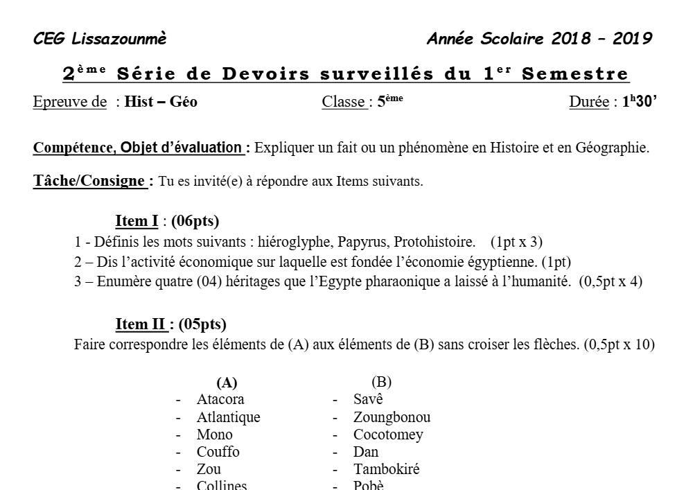 Aperçu de la première page — Histoire Géographie 5e Devoir 2 Semestre 1 CEG Lissazounme 2018 2019