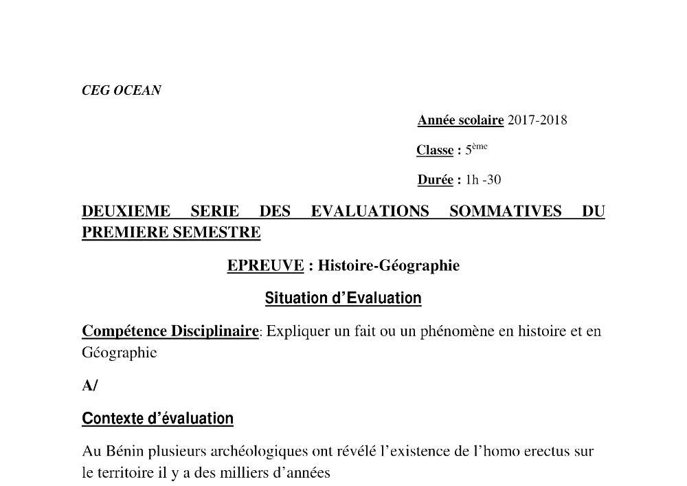 Aperçu de la première page — Histoire Géographie 5e Devoir 2 Semestre 1 CEG Ocean 2017 2018